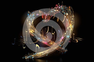 Musical heart on a black background with notes, with free space. Illustration for music lovers