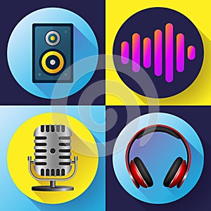 Musical icons set flat style - old microphone headphones acoustics and sound volume