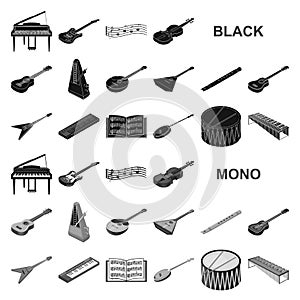 Musical instrument black icons in set collection for design. String and Wind instrument isometric vector symbol stock