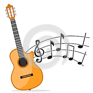 Musical instrument guitar and notes on a white. Guitar music