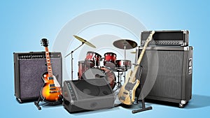 Musical instrument guitars and speakers instrumental set 3d render on blue gradient
