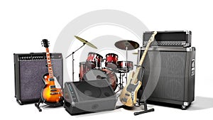 Musical instrument guitars and speakers instrumental set 3d render on white