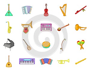Musical instrument icon set, cartoon style