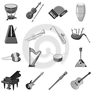 Musical instrument icons set gray monochrome style