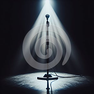 A musical instrument: microphone stand, sits on alone on stage ready to play, under a strong single spotlight
