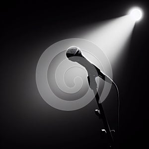 A musical instrument: microphone stand, sits on alone on stage ready to play, under a strong single spotlight