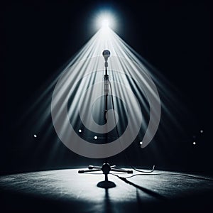 A musical instrument: microphone stand, sits on alone on stage ready to play, under a strong single spotlight