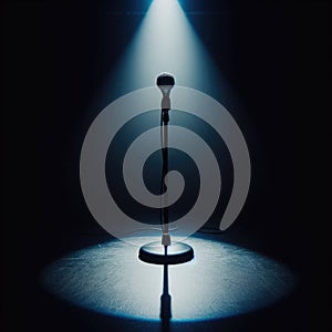 A musical instrument: microphone stand, sits on alone on stage ready to play, under a strong single spotlight