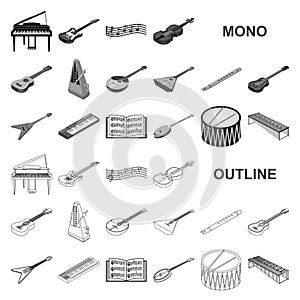 Musical instrument monochrom icons in set collection for design. String and Wind instrument isometric vector symbol