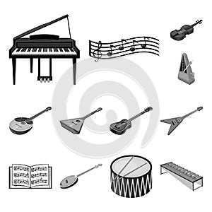 Musical instrument monochrome icons in set collection for design. String and Wind instrument isometric vector symbol