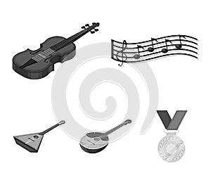 Musical instrument monochrome icons in set collection for design. String and Wind instrument isometric vector symbol