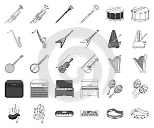 Musical instrument monochrome,outline icons in set collection for design. String and Wind instrument vector symbol stock
