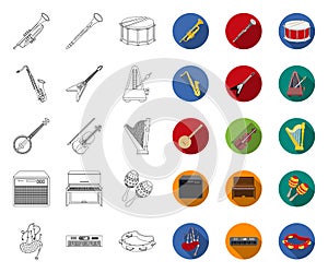 Musical instrument outline,flat icons in set collection for design. String and Wind instrument vector symbol stock web