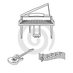 Musical instrument outline icons in set collection for design. String and Wind instrument isometric vector symbol stock