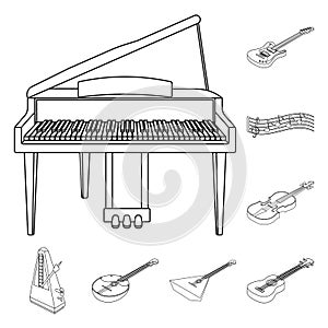 Musical instrument outline icons in set collection for design. String and Wind instrument isometric vector symbol stock