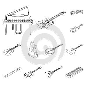 Musical instrument outline icons in set collection for design. String and Wind instrument isometric vector symbol stock