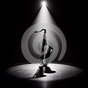 A musical instrument: saxophone, sits on alone on stage ready to play, under a strong single spotlight