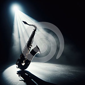 A musical instrument: saxophone, sits on alone on stage ready to play, under a strong single spotlight