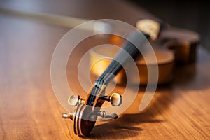 Musical instrument violin on table, music concept