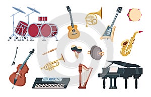 Musical instruments. Acoustic, electric and percussion cartoon vintage equipment for music concerts and party. Vector