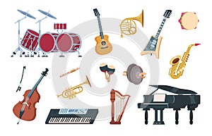 Musical instruments. Acoustic, electric and percussion cartoon vintage equipment for music concerts and party. Vector photo