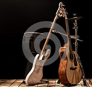 musical instruments, acoustic guitar and bass guitar and percussion instruments drums
