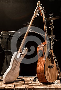 musical instruments, acoustic guitar and bass guitar and percussion instruments drums