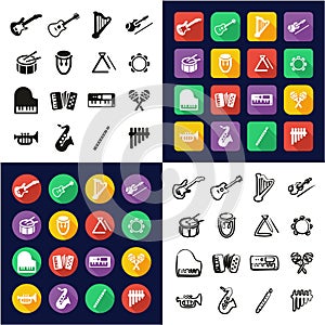 Musical Instruments All in One Icons Black & White Color Flat Design Freehand Set