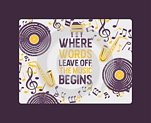 Musical instruments banner, poster vector illustration. Music concept with vinyl record, saxophone. Playing wind