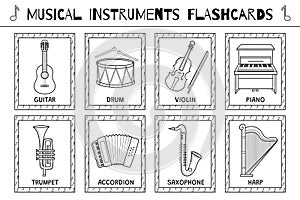 Musical instruments black and white flashcards collection. Flash cards collection for coloring