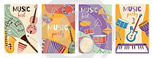 Musical instruments cards. Festivals and party posters with different orchestral tools, funny design posters. Strings
