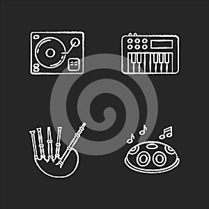 Musical instruments chalk white icons set on black background