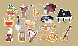 Musical instruments clipart cartoon stickers set. Xylophone, saxophone, snare drum, tambourine, piano stickers vector design