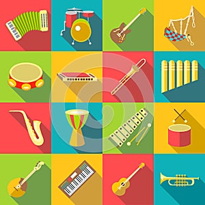 Musical instruments color icons set, flat style