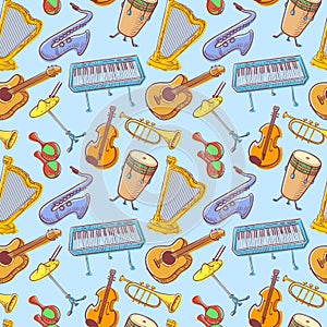 Musical instruments doodle vecto rseamless pattern. Music background