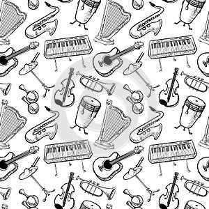 Musical instruments doodle vecto rseamless pattern. Music background