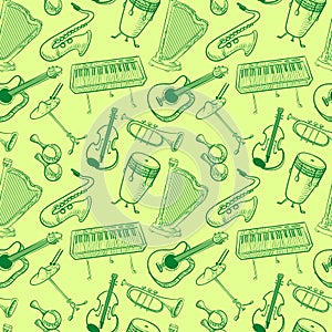 Musical instruments doodle vector rseamless pattern. Music backgr