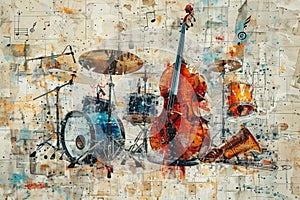 Musical Instruments Drum Set, Cello, Trumpet, Notes on Beige Background - Abstract Art Style