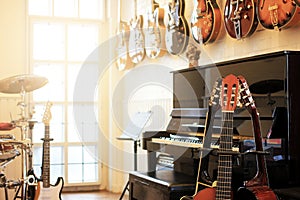 Musical instruments. Electric guitars, Piano, Drums
