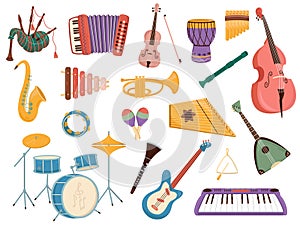 Musical instruments. Electronic and traditional instruments, cartoon style isolated orchestral tools. Brass, strings and photo