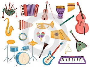 Musical instruments. Electronic and traditional instruments, cartoon style isolated orchestral tools. Brass, strings and