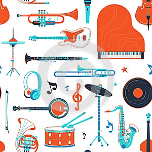 Musical instruments, equipment retro vector flat seamless pattern