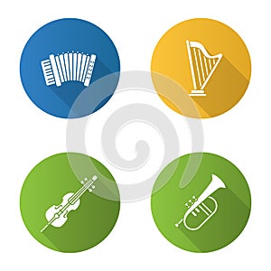 Musical instruments flat design long shadow glyph icons set