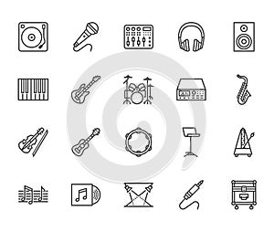 Musical instruments flat line icons set. Dj equipment, sound recording studio, piano, guitar, saxophone vector