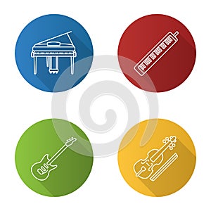Musical instruments flat linear long shadow icons set