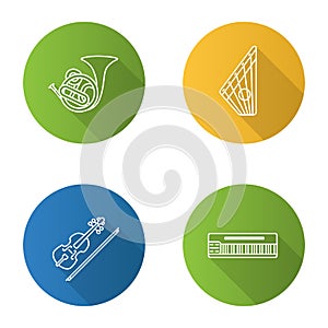 Musical instruments flat linear long shadow icons set