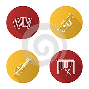 Musical instruments flat linear long shadow icons set