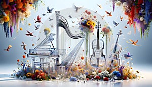 Musical Instruments and Flowers Painting. Generative AI