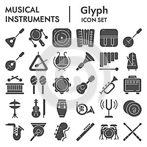 Musical instruments glyph icon set, sound instruments symbols collection, vector sketches, logo illustrations, music