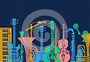 Musical instruments, guitar, fiddle, violin, clarinet, banjo, trombone, trumpet, saxophone, sax. Hand drawn vector illustration.